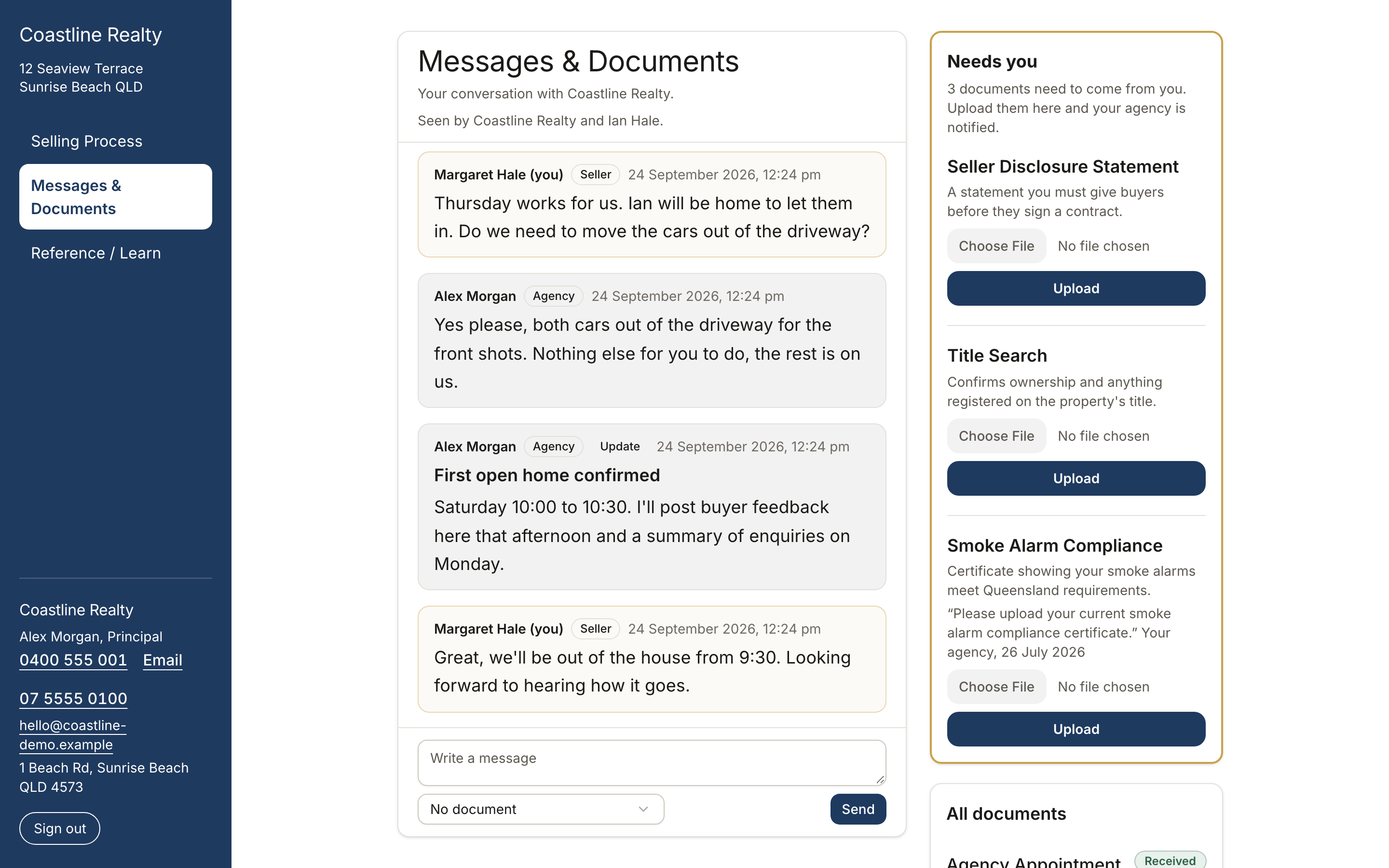 Messages and Documents: one conversation with the agency, with the sale's documents beside it